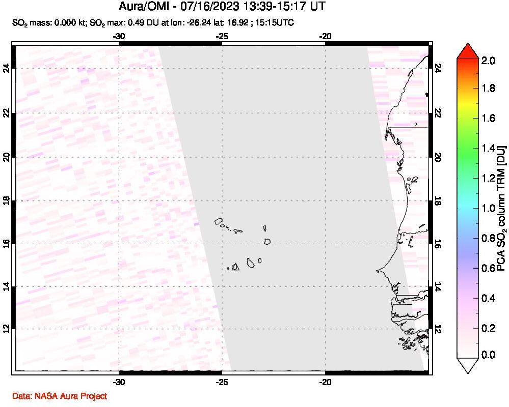 A sulfur dioxide image over Cape Verde Islands on Jul 16, 2023.