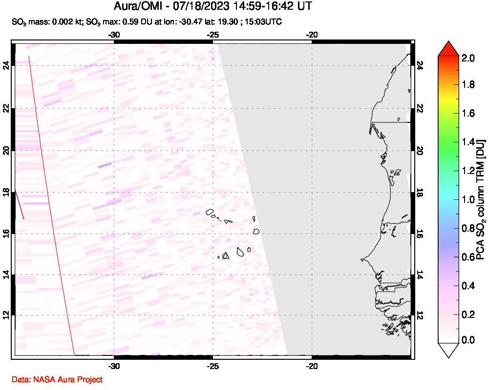 A sulfur dioxide image over Cape Verde Islands on Jul 18, 2023.