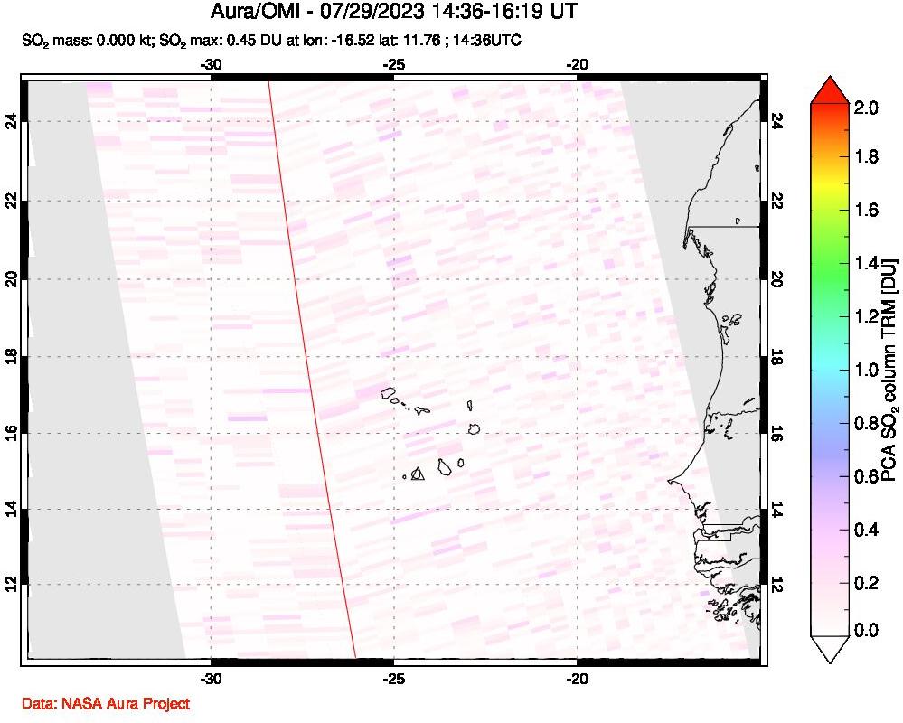 A sulfur dioxide image over Cape Verde Islands on Jul 29, 2023.