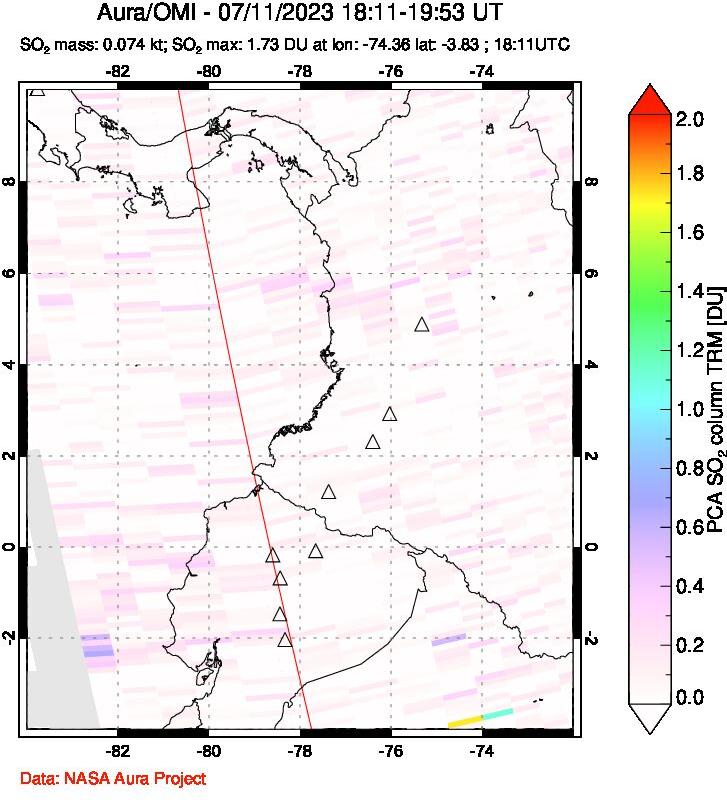 A sulfur dioxide image over Ecuador on Jul 11, 2023.