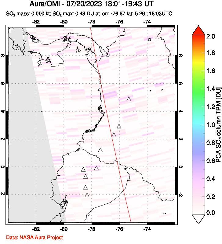 A sulfur dioxide image over Ecuador on Jul 20, 2023.