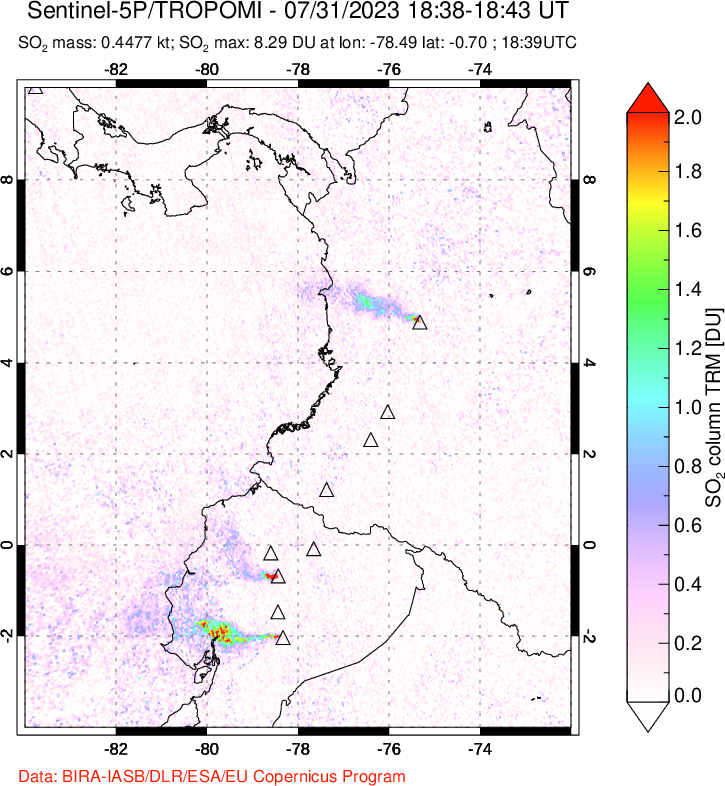 A sulfur dioxide image over Ecuador on Jul 31, 2023.