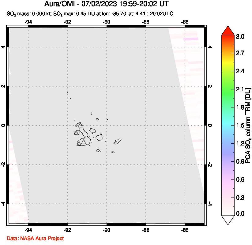 A sulfur dioxide image over Galápagos Islands on Jul 02, 2023.