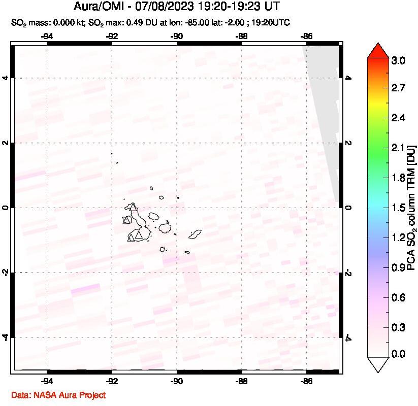 A sulfur dioxide image over Galápagos Islands on Jul 08, 2023.