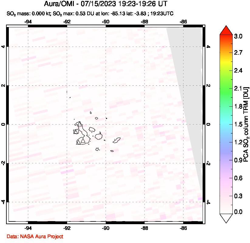 A sulfur dioxide image over Galápagos Islands on Jul 15, 2023.