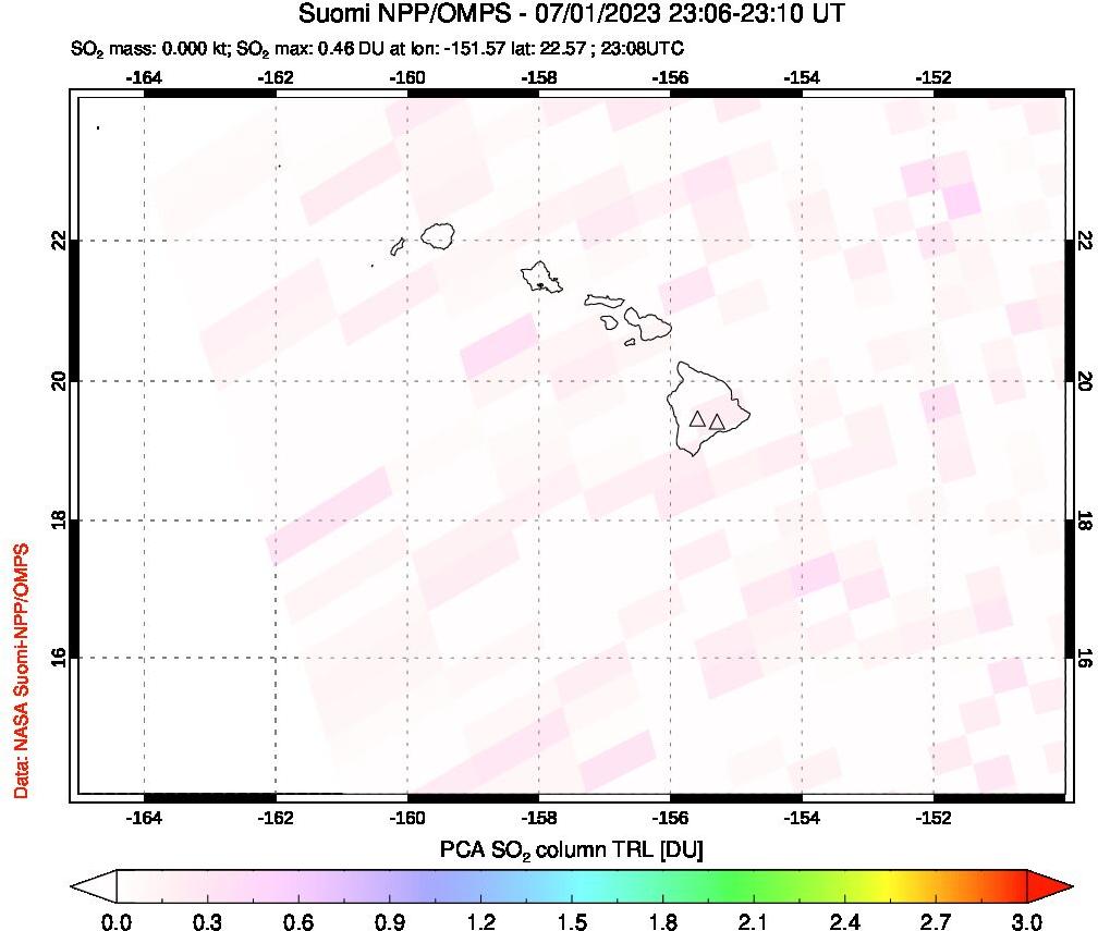 A sulfur dioxide image over Hawaii, USA on Jul 01, 2023.