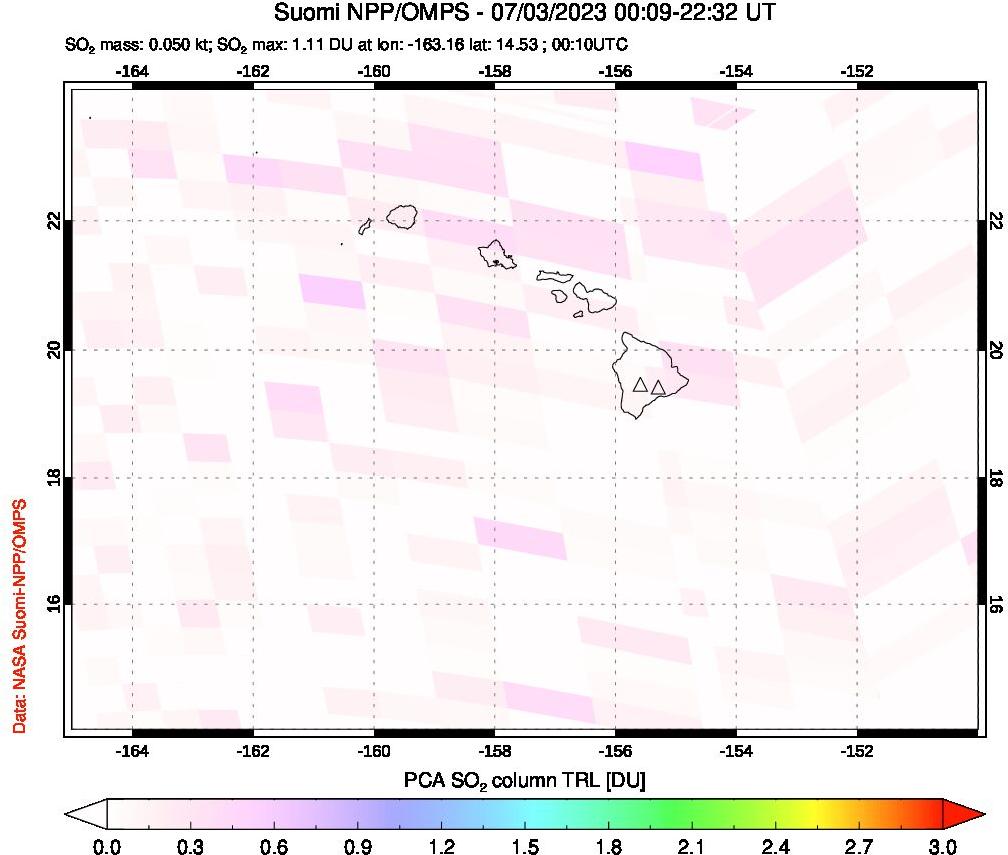 A sulfur dioxide image over Hawaii, USA on Jul 03, 2023.