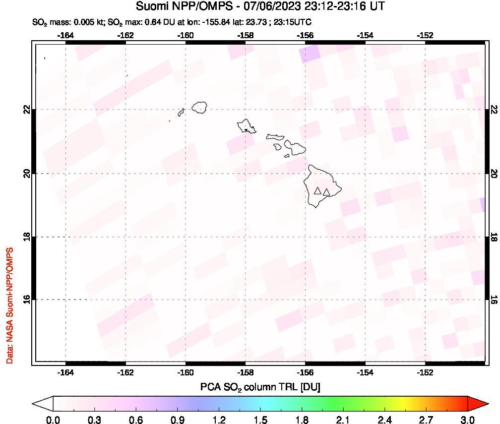 A sulfur dioxide image over Hawaii, USA on Jul 06, 2023.