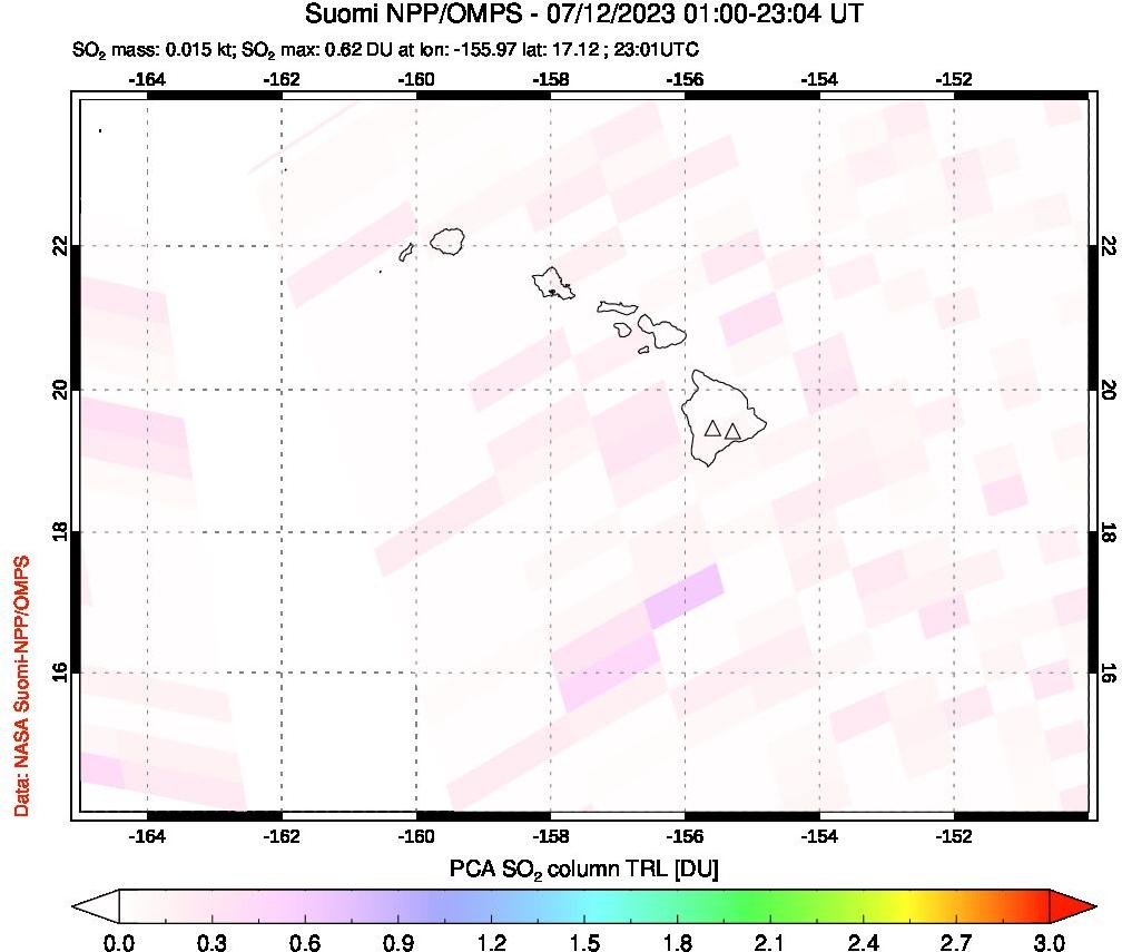 A sulfur dioxide image over Hawaii, USA on Jul 12, 2023.