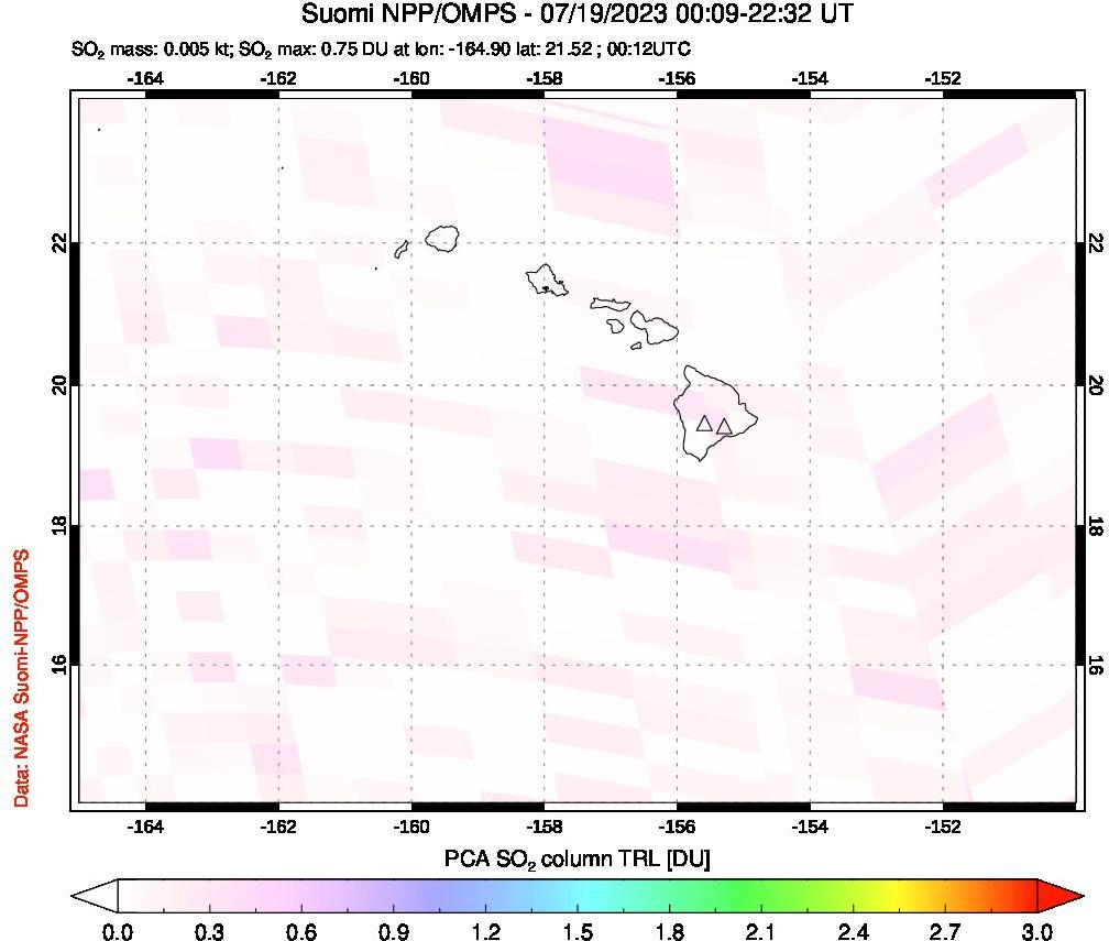 A sulfur dioxide image over Hawaii, USA on Jul 19, 2023.