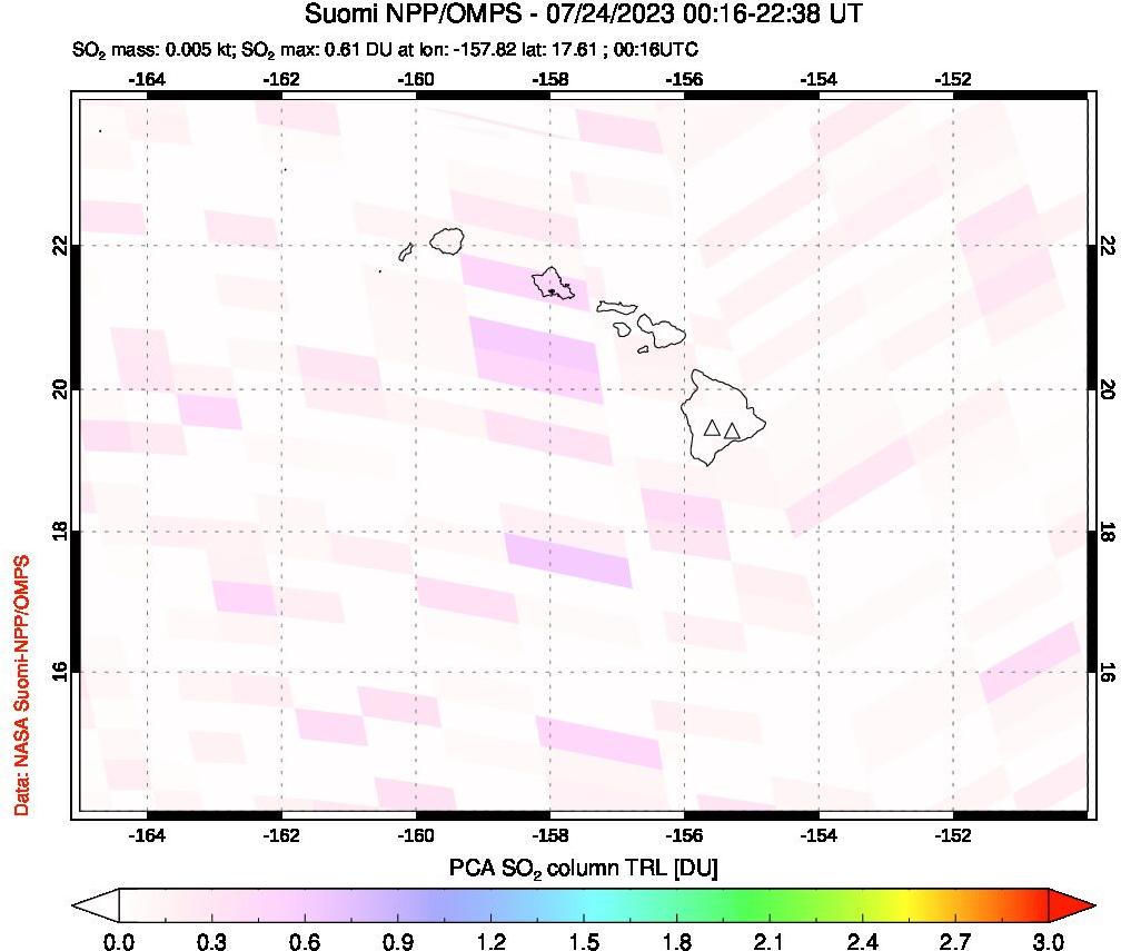 A sulfur dioxide image over Hawaii, USA on Jul 24, 2023.