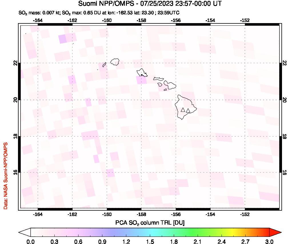 A sulfur dioxide image over Hawaii, USA on Jul 25, 2023.