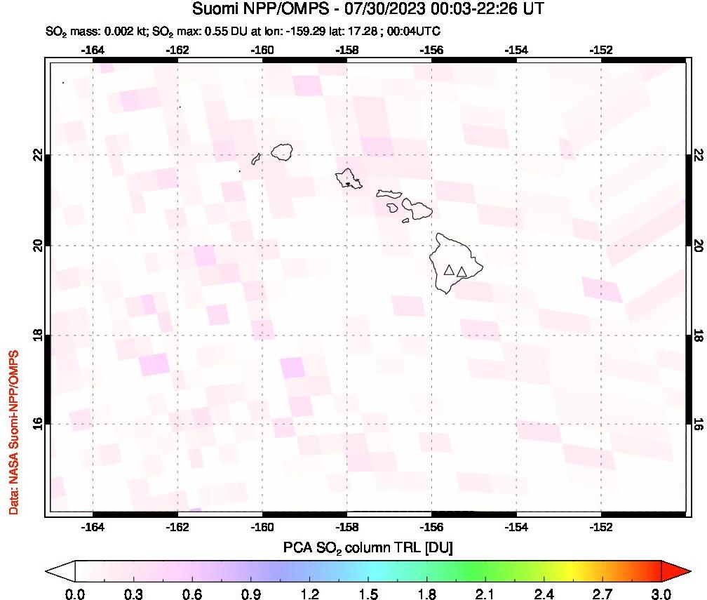 A sulfur dioxide image over Hawaii, USA on Jul 30, 2023.