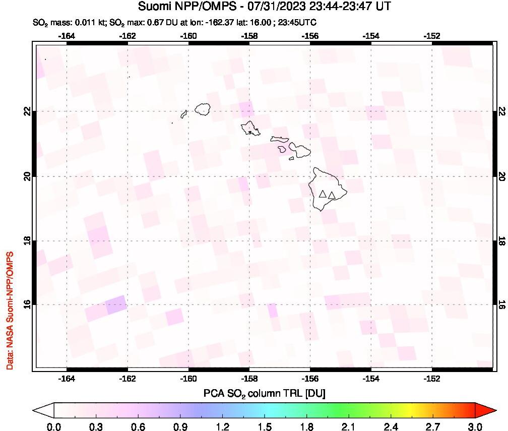 A sulfur dioxide image over Hawaii, USA on Jul 31, 2023.