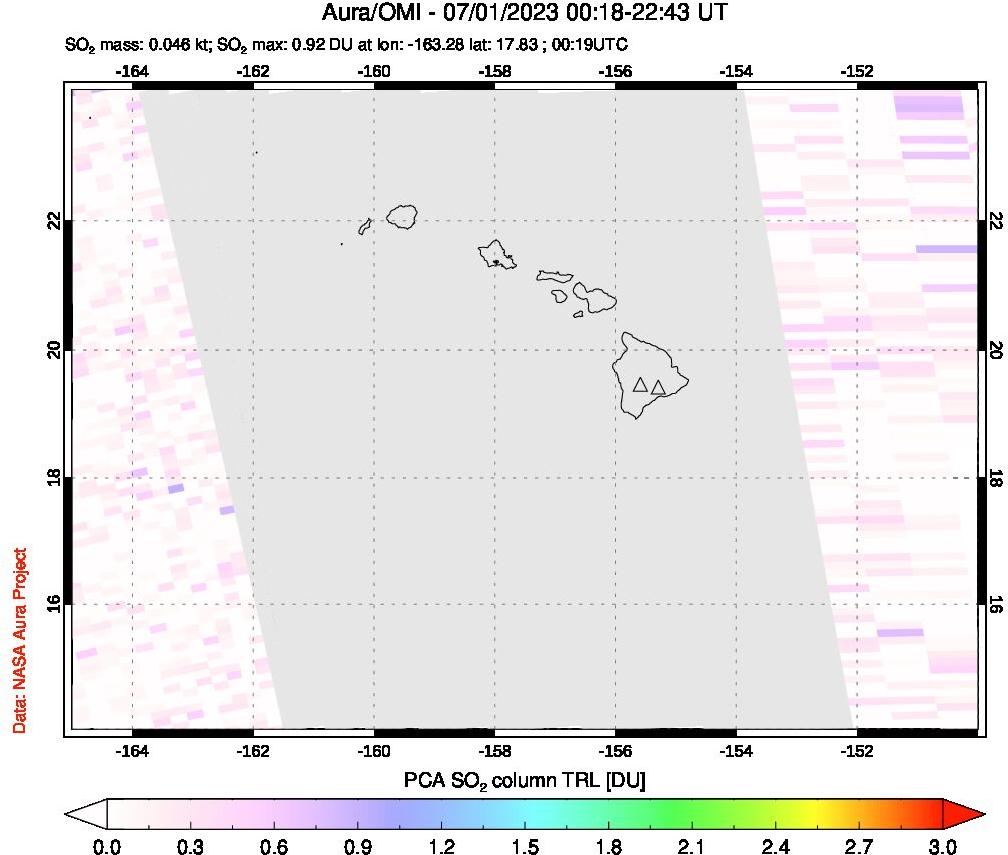 A sulfur dioxide image over Hawaii, USA on Jul 01, 2023.