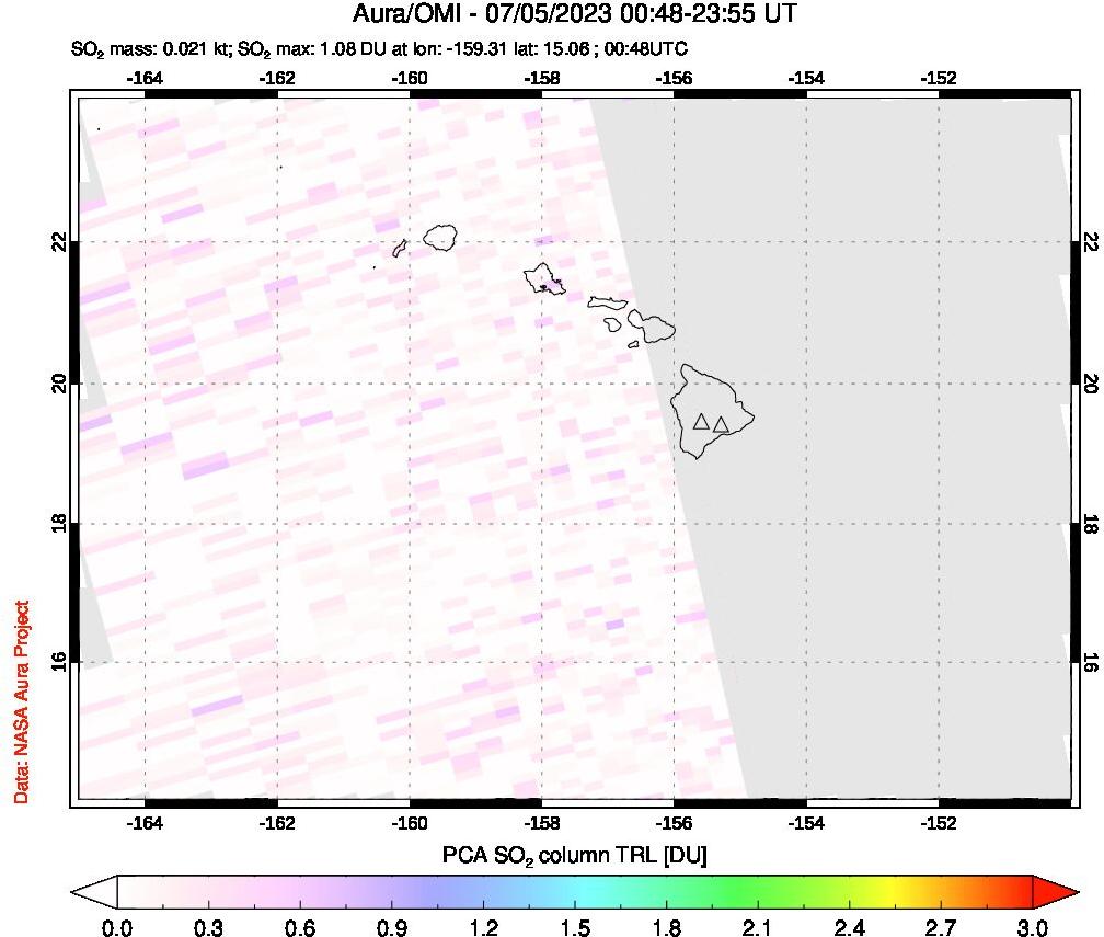 A sulfur dioxide image over Hawaii, USA on Jul 05, 2023.
