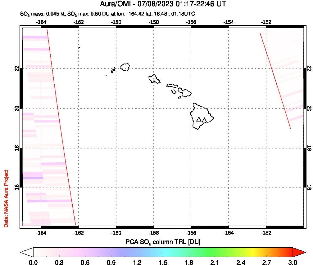 A sulfur dioxide image over Hawaii, USA on Jul 08, 2023.