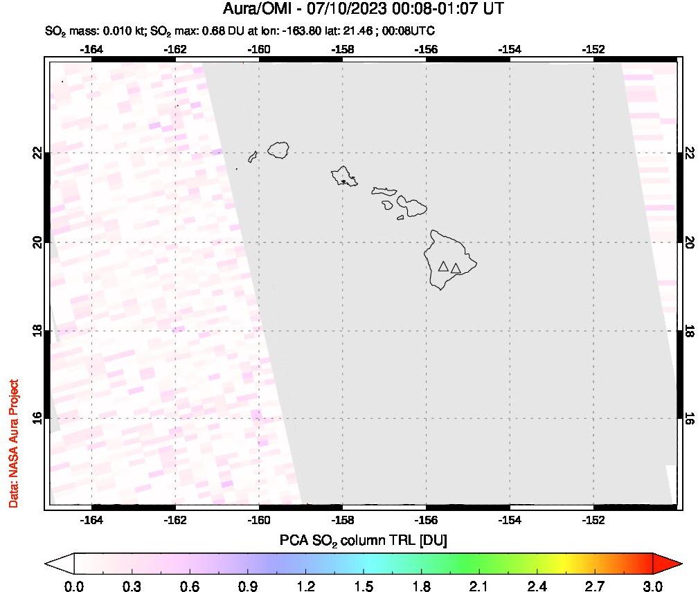 A sulfur dioxide image over Hawaii, USA on Jul 10, 2023.