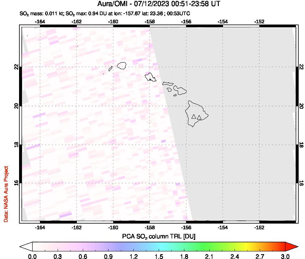A sulfur dioxide image over Hawaii, USA on Jul 12, 2023.