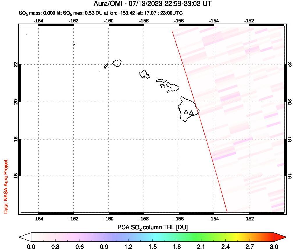 A sulfur dioxide image over Hawaii, USA on Jul 13, 2023.