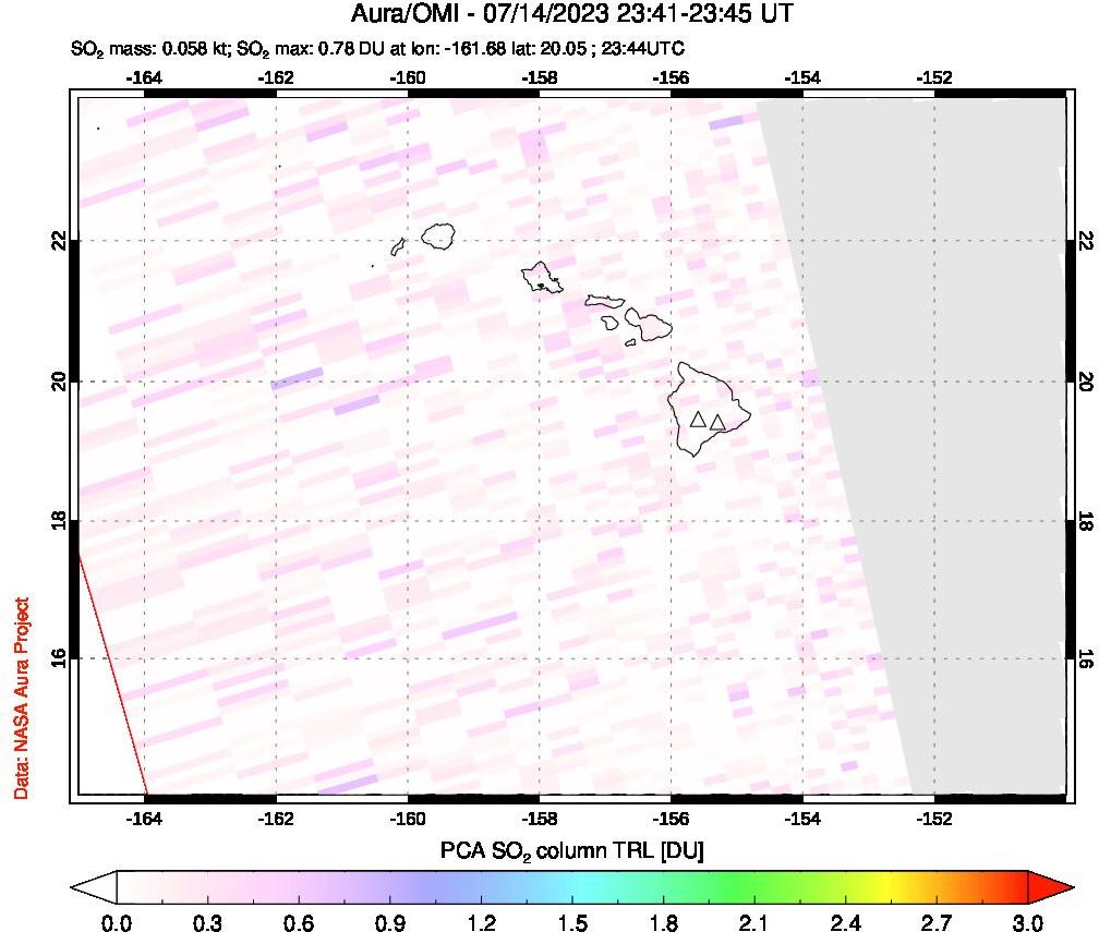 A sulfur dioxide image over Hawaii, USA on Jul 14, 2023.