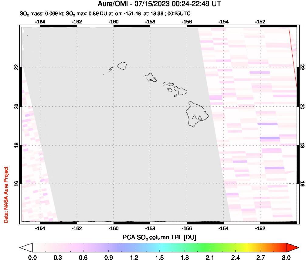 A sulfur dioxide image over Hawaii, USA on Jul 15, 2023.