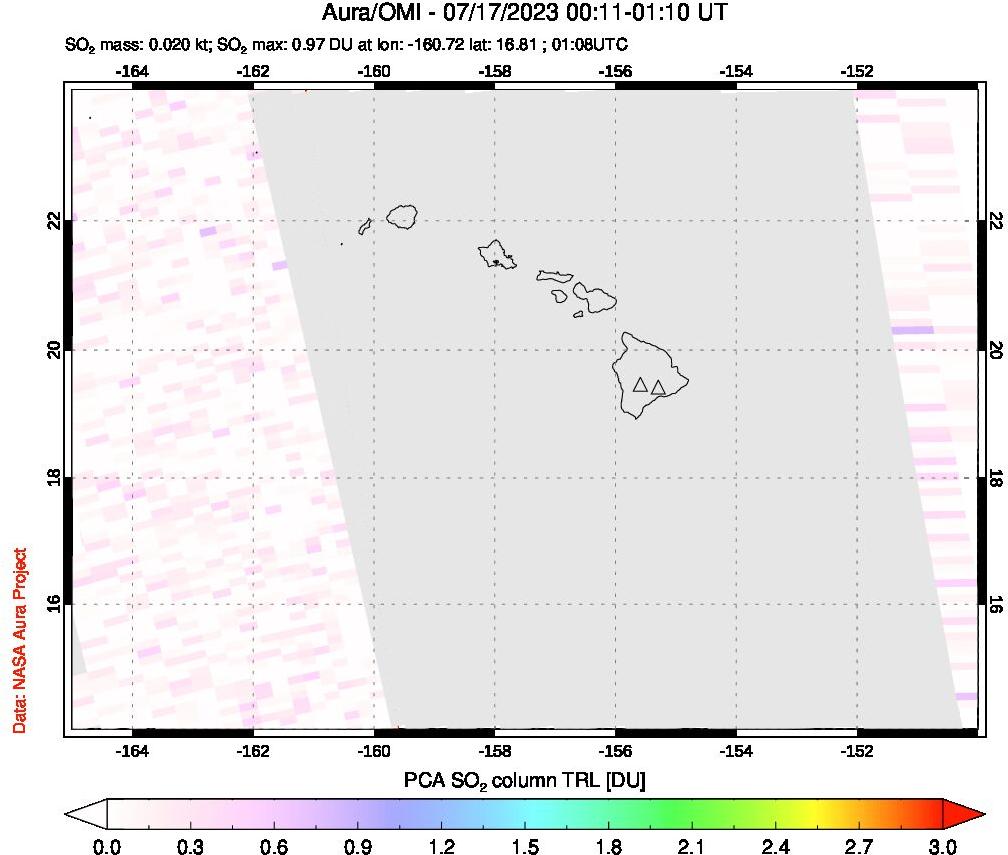 A sulfur dioxide image over Hawaii, USA on Jul 17, 2023.