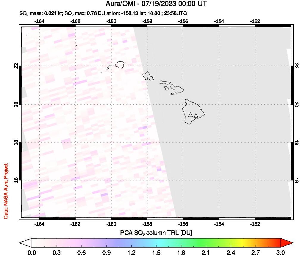 A sulfur dioxide image over Hawaii, USA on Jul 19, 2023.