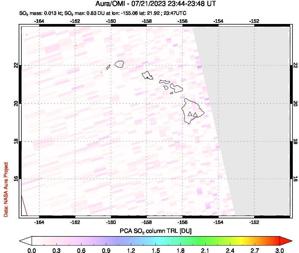 A sulfur dioxide image over Hawaii, USA on Jul 21, 2023.