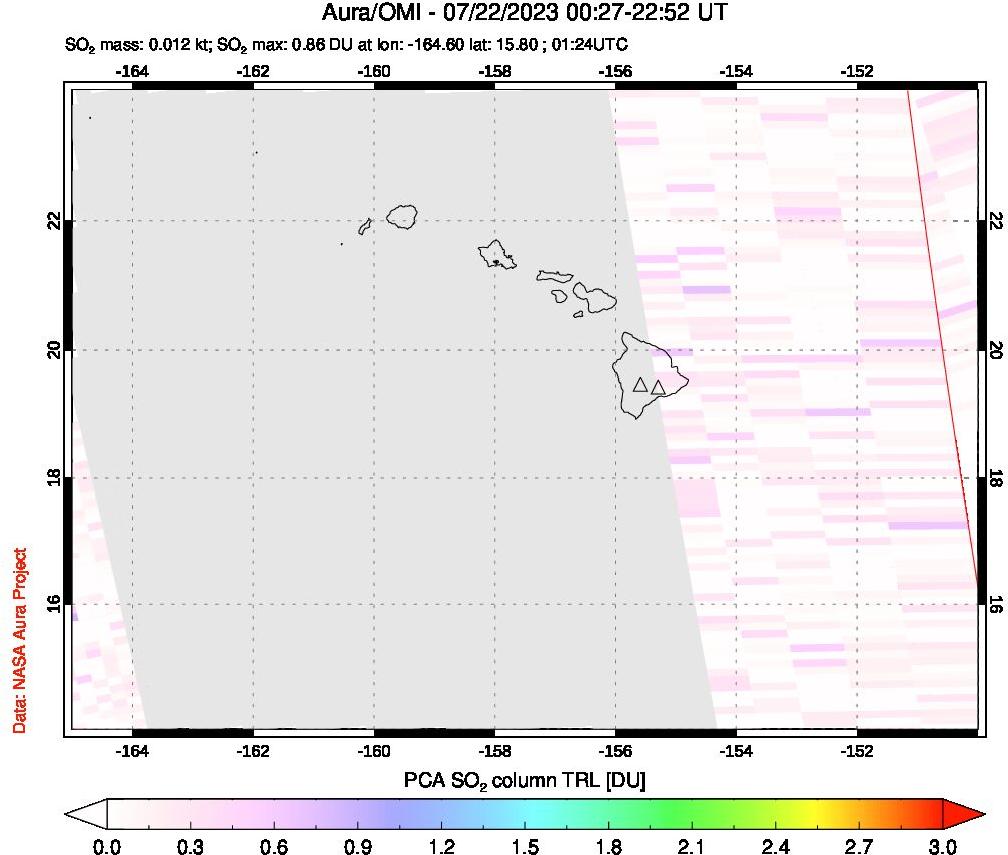 A sulfur dioxide image over Hawaii, USA on Jul 22, 2023.