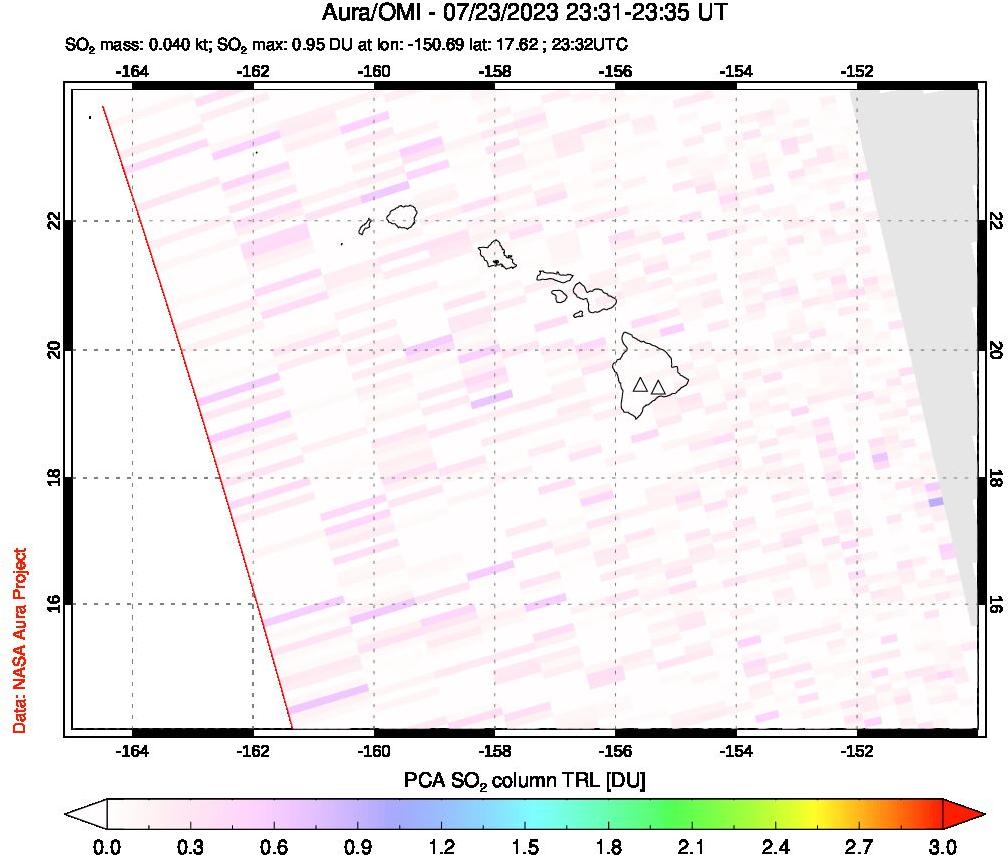 A sulfur dioxide image over Hawaii, USA on Jul 23, 2023.