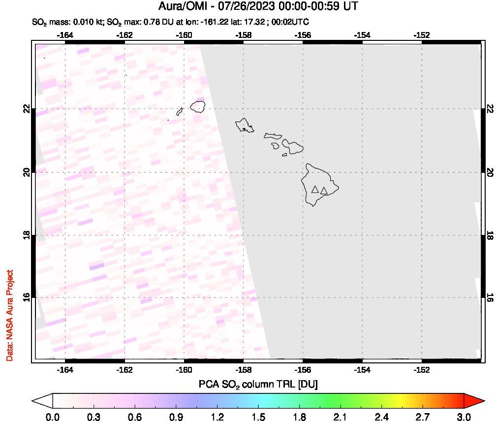 A sulfur dioxide image over Hawaii, USA on Jul 26, 2023.