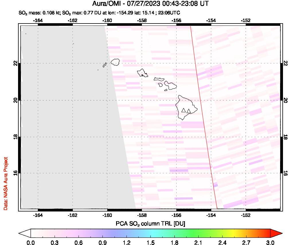 A sulfur dioxide image over Hawaii, USA on Jul 27, 2023.