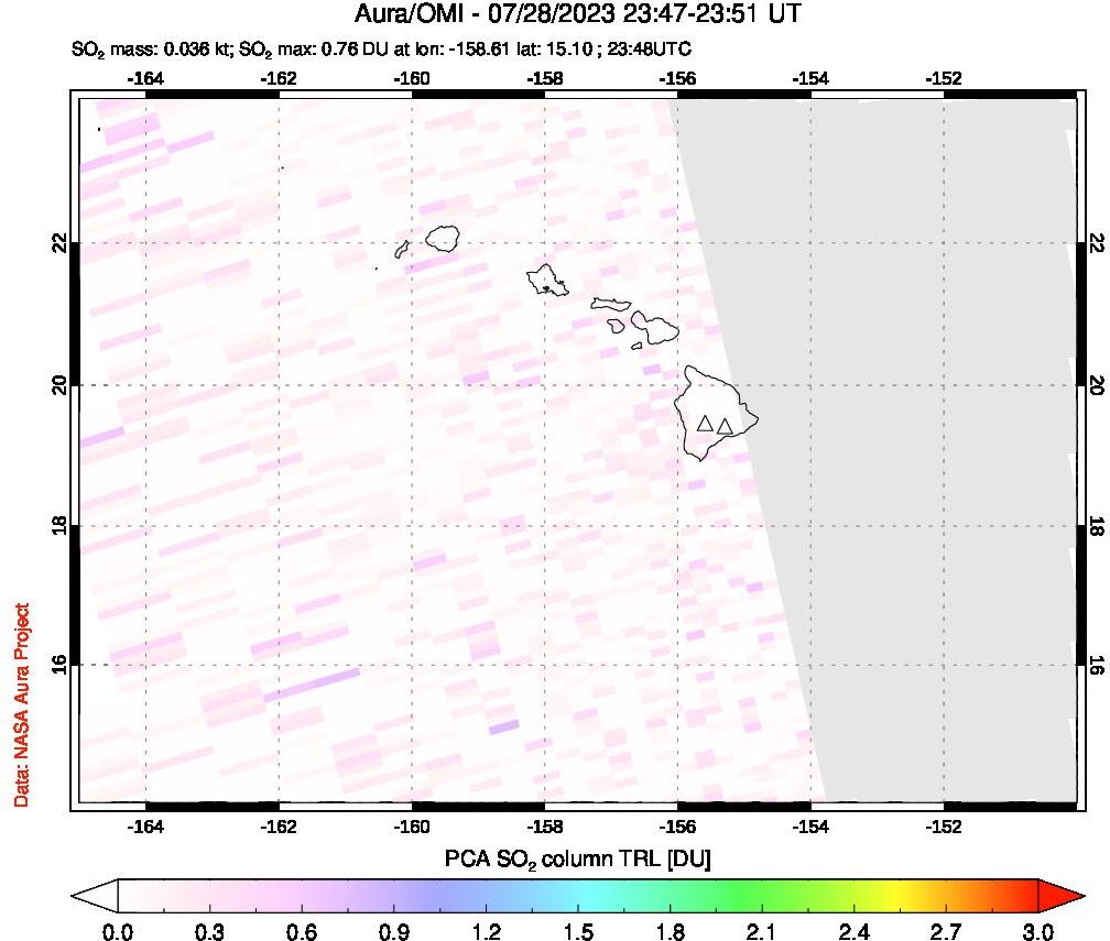 A sulfur dioxide image over Hawaii, USA on Jul 28, 2023.