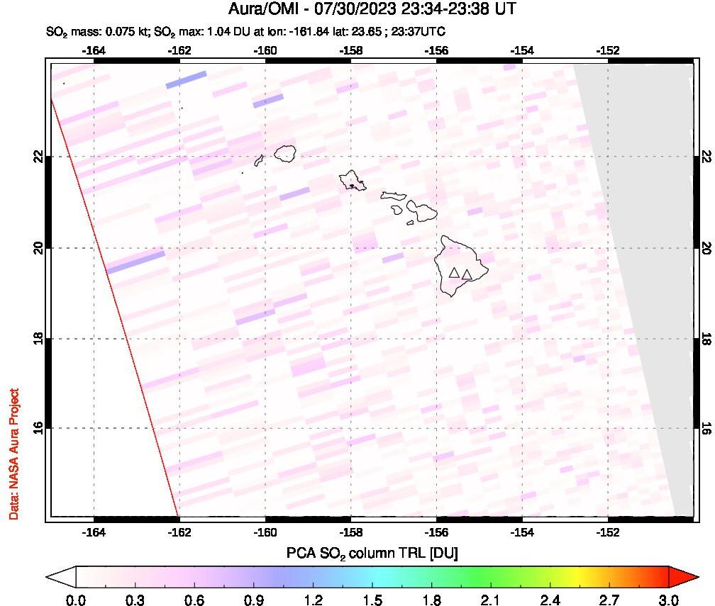 A sulfur dioxide image over Hawaii, USA on Jul 30, 2023.
