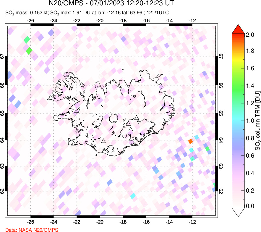 A sulfur dioxide image over Iceland on Jul 01, 2023.