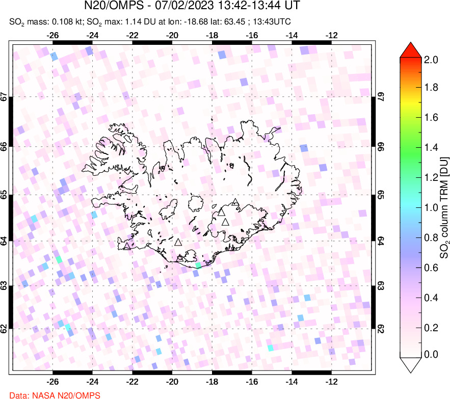 A sulfur dioxide image over Iceland on Jul 02, 2023.