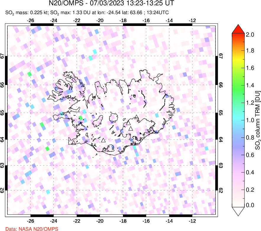 A sulfur dioxide image over Iceland on Jul 03, 2023.