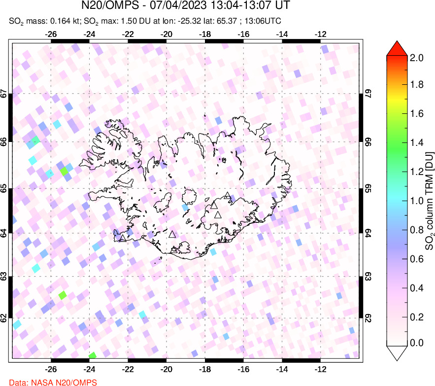 A sulfur dioxide image over Iceland on Jul 04, 2023.