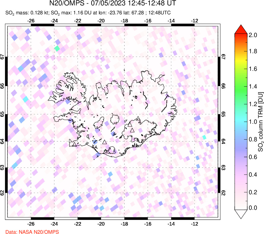 A sulfur dioxide image over Iceland on Jul 05, 2023.