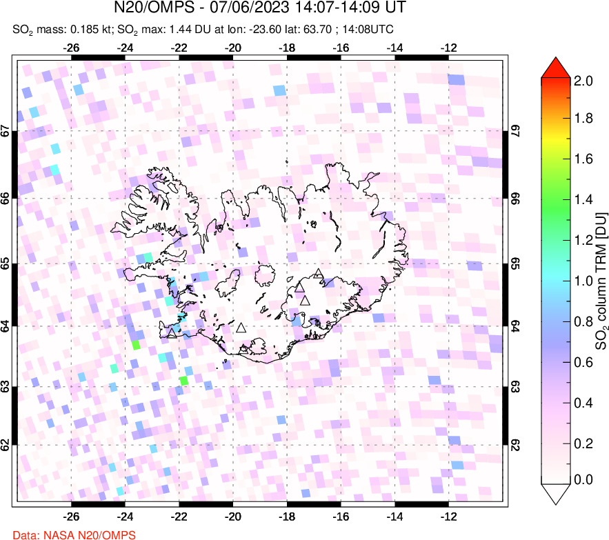 A sulfur dioxide image over Iceland on Jul 06, 2023.