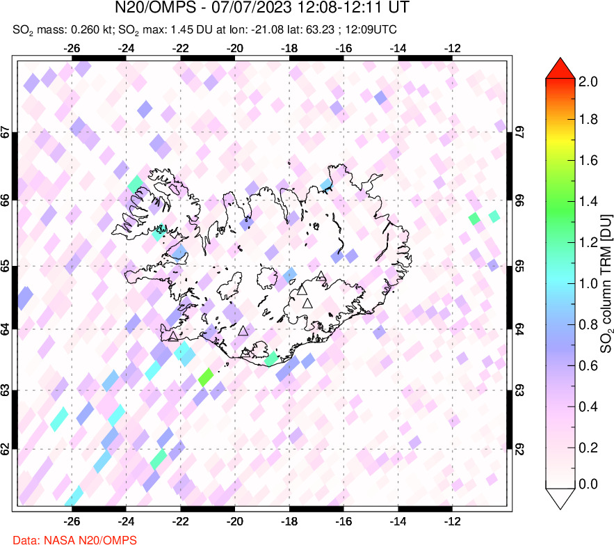 A sulfur dioxide image over Iceland on Jul 07, 2023.