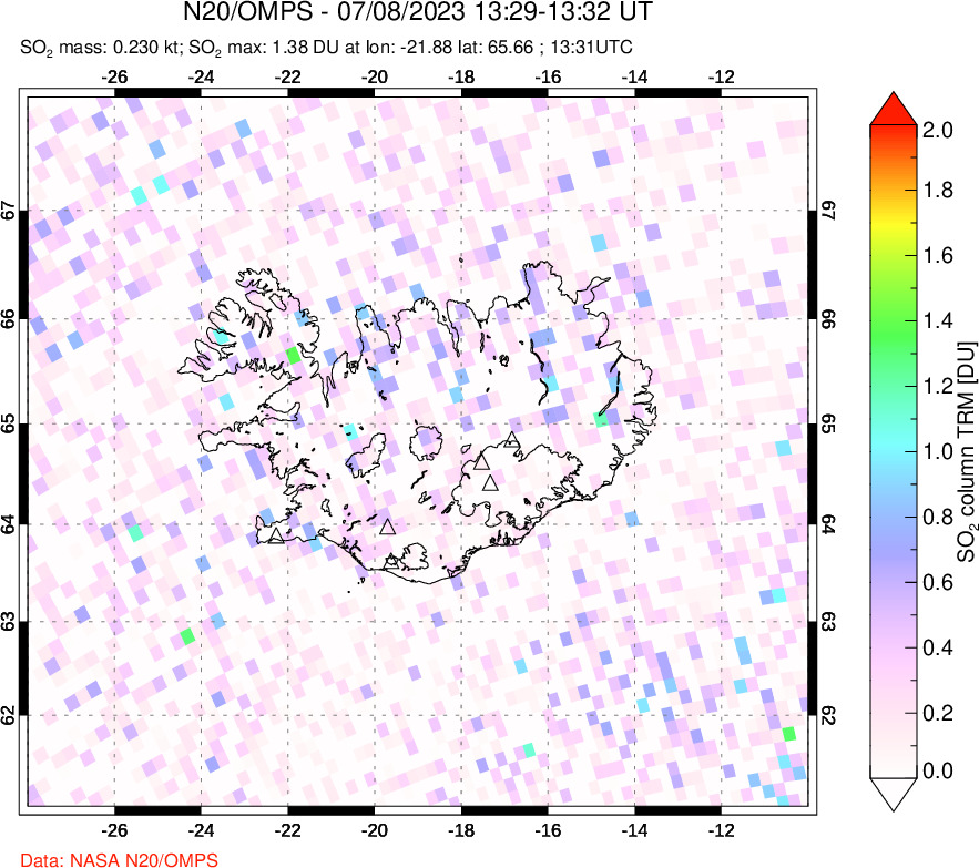 A sulfur dioxide image over Iceland on Jul 08, 2023.