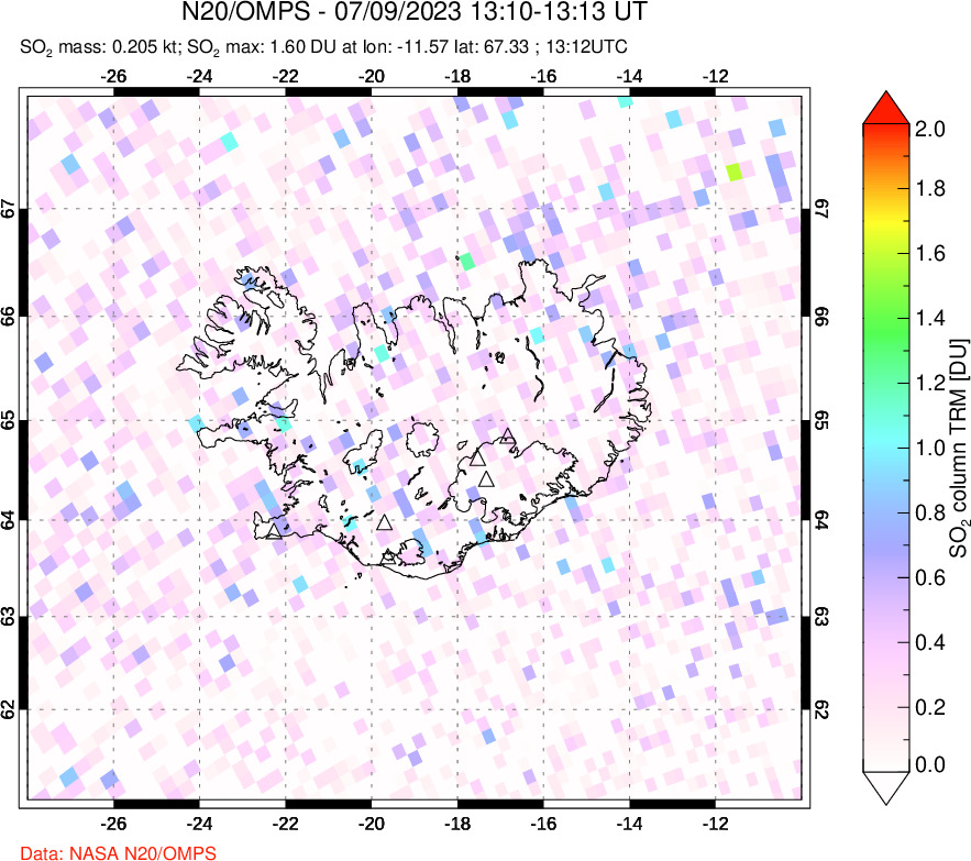 A sulfur dioxide image over Iceland on Jul 09, 2023.