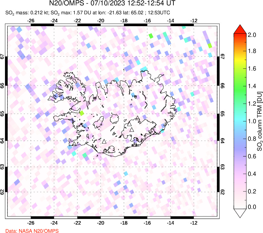 A sulfur dioxide image over Iceland on Jul 10, 2023.