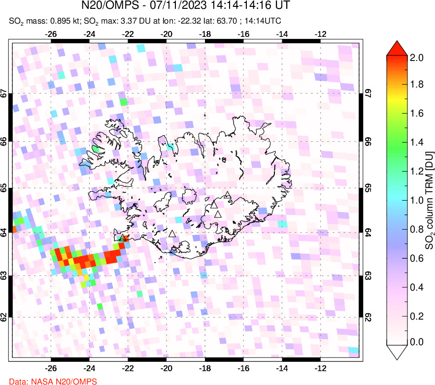 A sulfur dioxide image over Iceland on Jul 11, 2023.