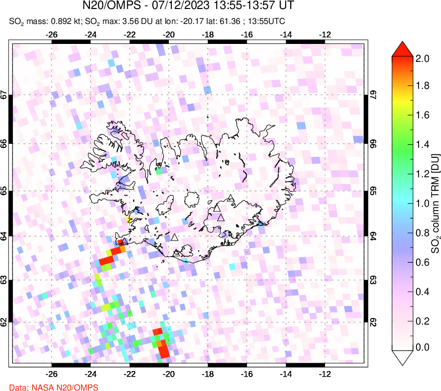 A sulfur dioxide image over Iceland on Jul 12, 2023.