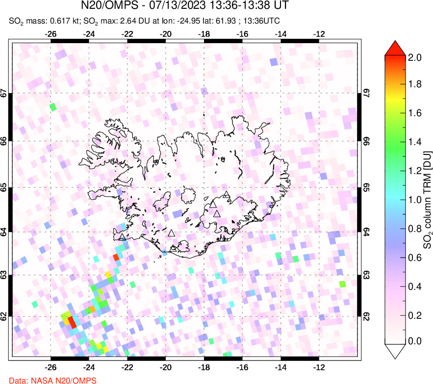 A sulfur dioxide image over Iceland on Jul 13, 2023.