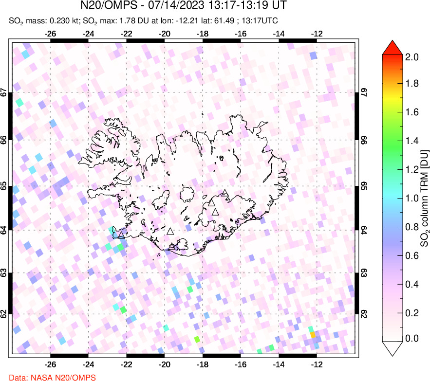 A sulfur dioxide image over Iceland on Jul 14, 2023.