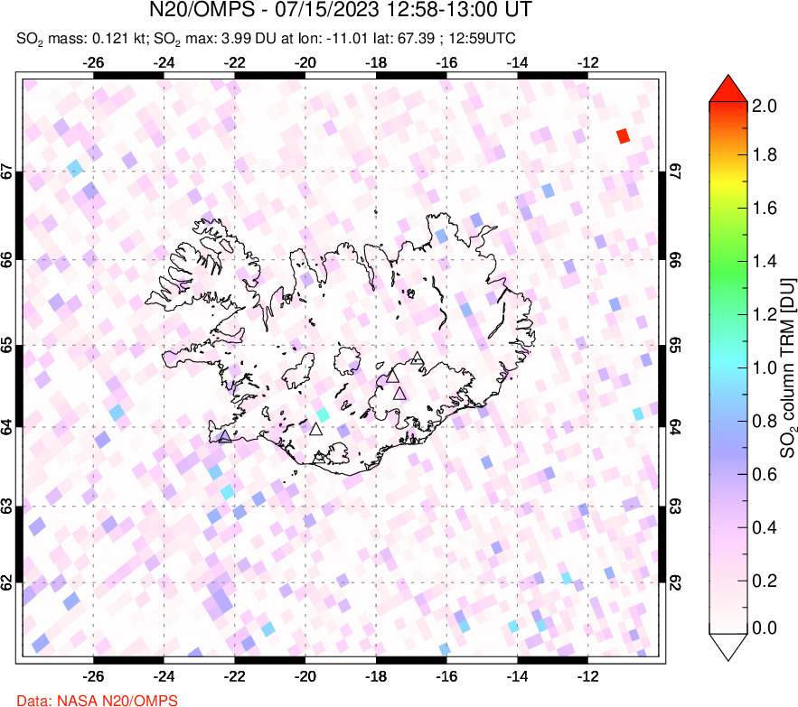 A sulfur dioxide image over Iceland on Jul 15, 2023.